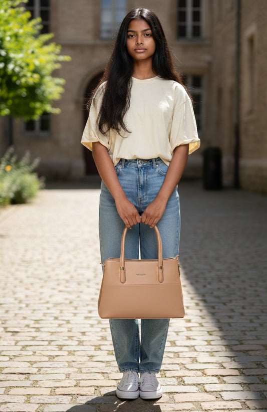 A woman holding a beige medium siddhata PU leather handbag with sturdy handles in a sunny outdoor courtyard.